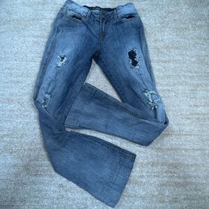 Canal Jeans Womens 40 Blue Distressed Flare Bootcut Stretch Ripped Knee Logo